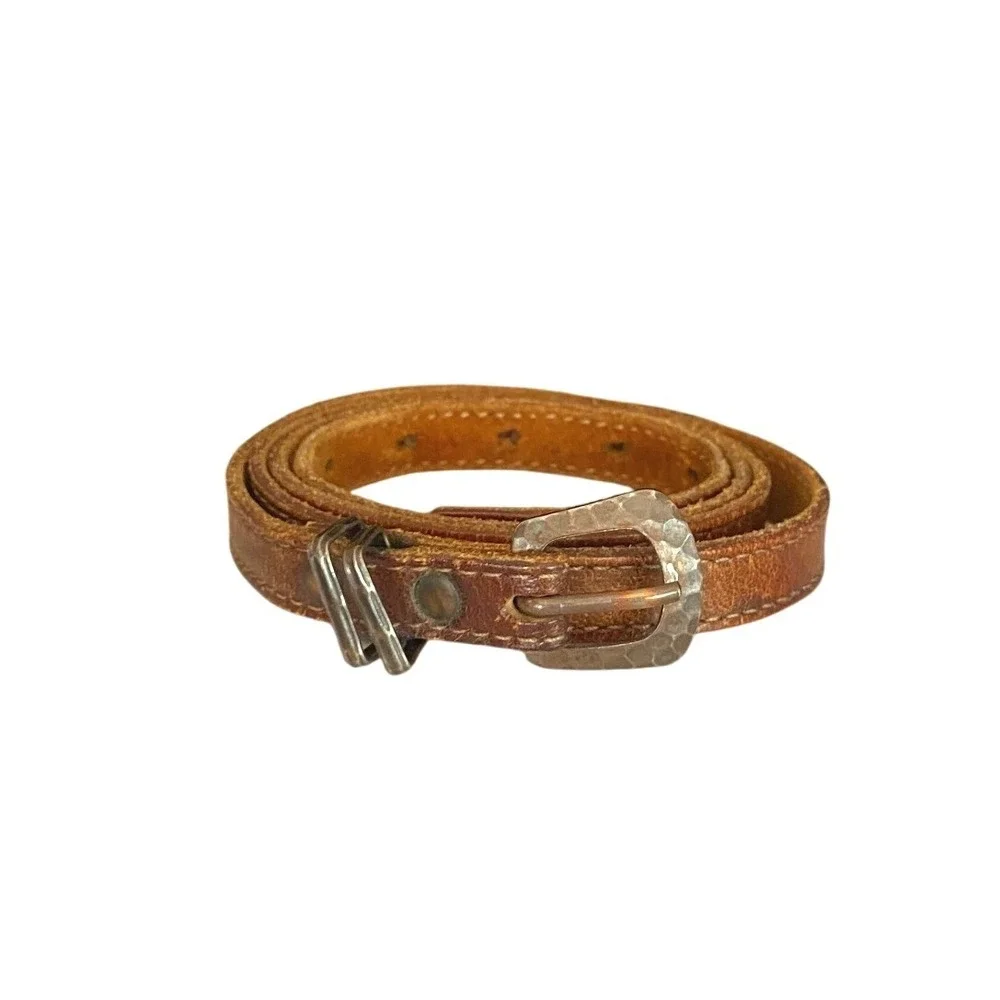 Vintage Leather Skinny Brown Belt Western Hammered Buckle 37 Inch Boho Cowgirl